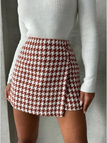 İki düğmeli kaz ayağı desen ch kumaş şort etek bordobeyaz h26414