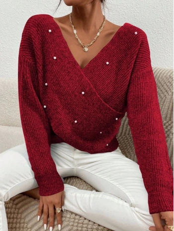 İncili çapraz kazak bordo