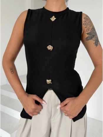 Kadın siyah bisiklet yaka gold düğmeli ottoman bluz s2310