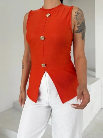 Kadın turuncu bisiklet yaka gold düğmeli ottoman bluz s2310