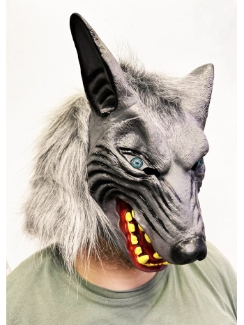 Kafaya Tam Geçmeli Lateks Mavi Gözlü Dişli Ağzı Açık Kurt Maskesi