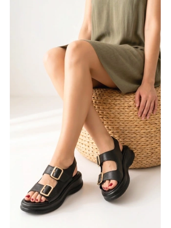 Kaji Siyah Cilt Çift Tokalı Sandalet