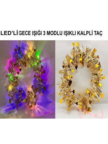 Kalp Püsküllü Gece Parıltısı 3 Modlu Led39li Işıklı Taç Altın Renk