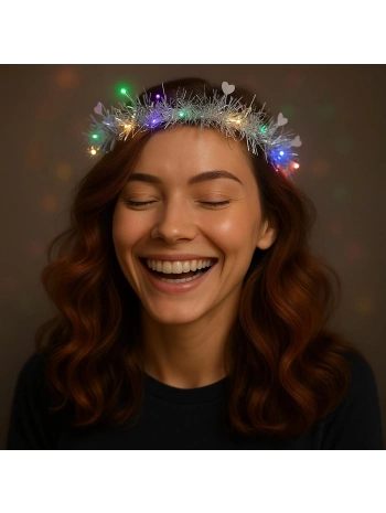 Kalp Püsküllü Gece Parıltısı 3 Modlu Led39li Işıklı Taç Gümüş Renk