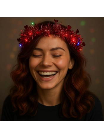 Kalp Püsküllü Gece Parıltısı 3 Modlu Led39li Işıklı Taç Kırmızı Renk