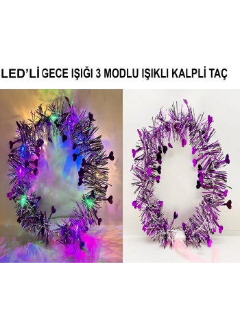 Kalp Püsküllü Gece Parıltısı 3 Modlu Led39li Işıklı Taç Mor Renk