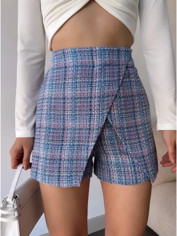 Kapaklı tüvit şort etek mavi