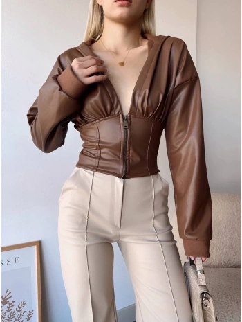 Kapşonlu yarım fermuarlı ceket kahve h24116