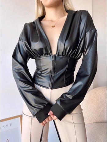 Kapşonlu yarım fermuarlı ceket siyah h24116