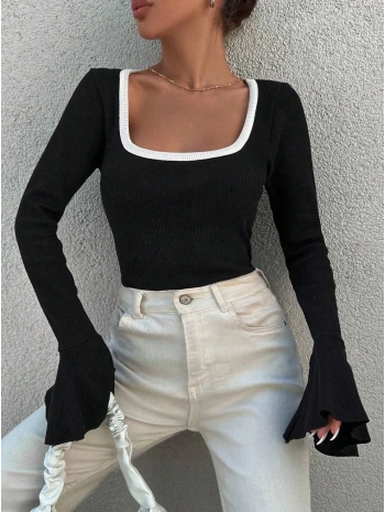 Kare yaka garni detay ispanyol kol bluz siyah a3105