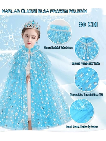Karlar Ülkesi Elsa Frozen Mavi Pelerin – 80 Cm Kar Desenli Çocuk Pelerini ( Taç Hariç )