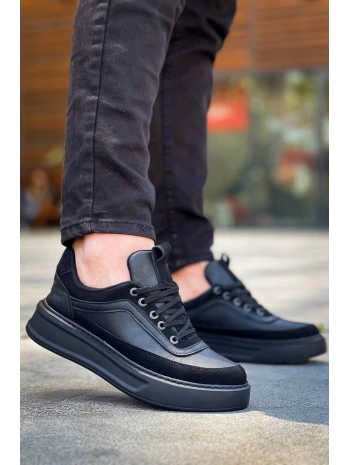 KB-006 Kuback Siyah Cilt Siyah Yüksek Taban Bağcıklı Günlük Erkek Ayakkabı