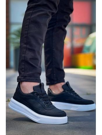 KB-006 Kuback Siyah Cilt Yüksek Taban Bağcıklı Günlük Erkek Ayakkabı