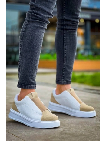 KB-007  Kuback  Beyaz Bej Yüksek Taban Tek Bant Bağcıksız Günlük Erkek Ayakkabı