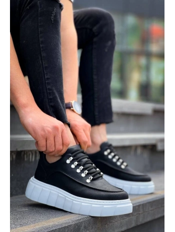 KB-X10 Kuback Siyah Cilt  Beyaz Yüksek Taban Günlük Spor Ayakkabı