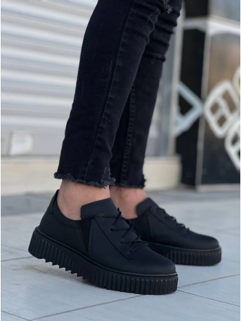 KB-X502  Kuback Siyah Cilt Yüksek Siyah Taban Bağcık Detaylı Lastikli Günlük Erkek Ayakkabı