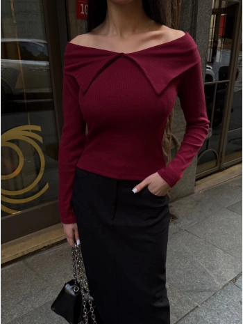 Kelebek yaka uzun kol bluz bordo