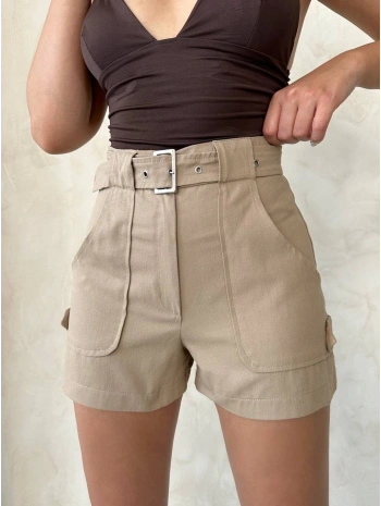 Kemer detaylı gabardin şort bej s25289