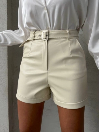 Kemerli deri şort krem h241003