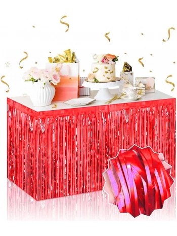 Kendinden Yapışkanlı Kırmızı Metalize Püsküllü Masa Eteği – 75 X 275 Cm Parti Süslemesi