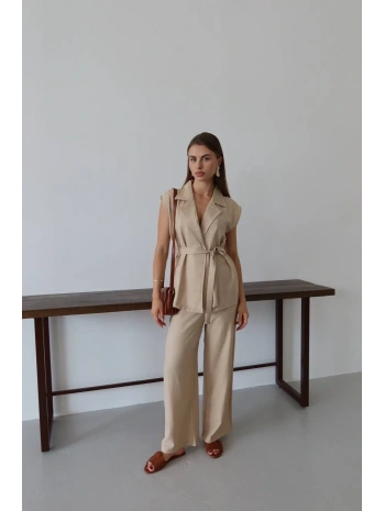 Keten yelek pantolon takım bej pt