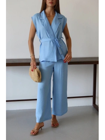 Keten yelek pantolon takım mavi pt