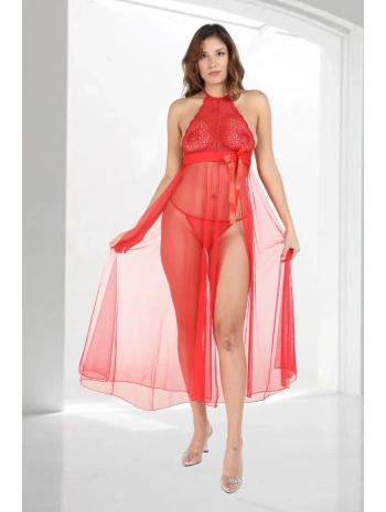 Kırmızı Dantelli Tül Gecelik - M057