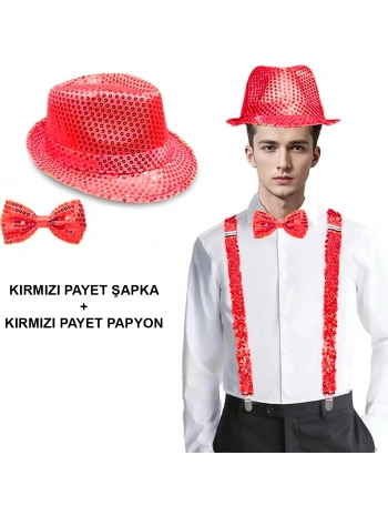 Kırmızı Payetli Şapka Ve Papyon Seti – Parıltılı Yetişkin Kostüm Seti