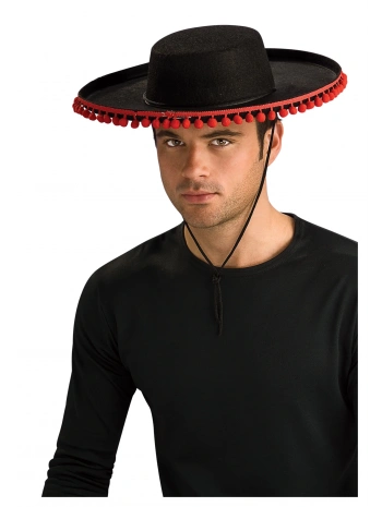 Kırmızı Ponponlu Siyah Renk Yetişkin İspanyol Şapkası