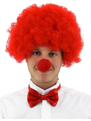 Kırmızı Renk Kıvırcık Afro Bonus Peruk Takma Saç Ve Kırmızı Burun Seti