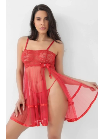 Kırmızı Şifon Pileli Gecelik-835