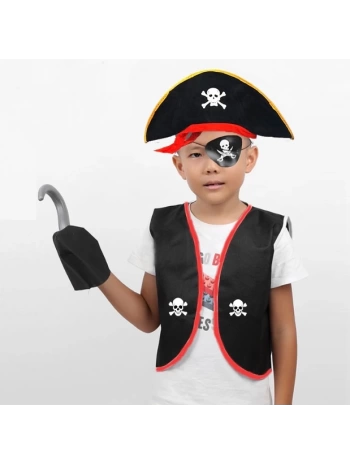 Korsan Yelek + Şapka + Kanca + Maske Çocuk Boy 4-6 Yaş