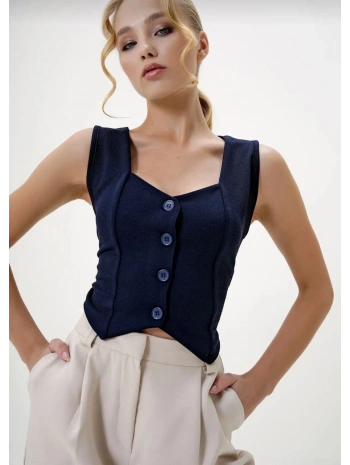 Krep kumaş düğmeli yelek lacivert s3395