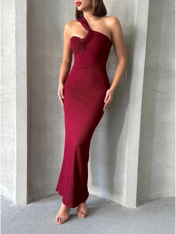 Krinkıl tek omuz uzun elbise bordo s25455