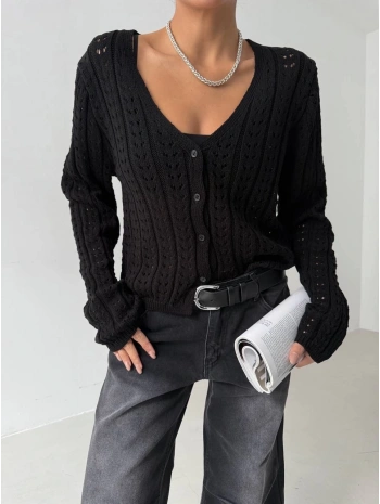 Küçük düğmeli küçük örgülü triko hırka siyah