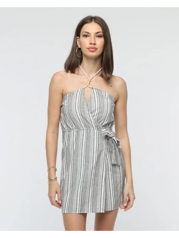 Kuşaklı çizgili mini keten elbise