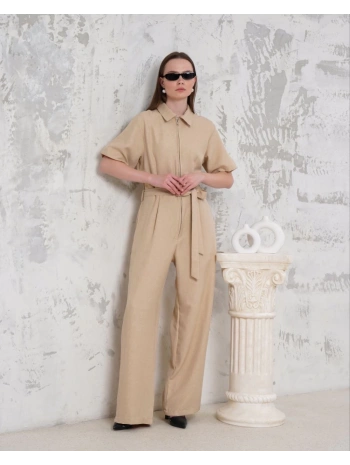 Kuşaklı gömlek yaka salaş tulum bej s255822