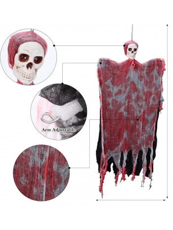 Led Işıklı Kahkaha Atan Sesli Sensörlü Ürpertici Kuru Kafa Kanlı Korku Hayalet Saçaklı Dekor 90x50 Cm