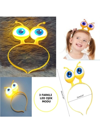 Led Işıklı  Pilli 3 Farklı Modda Yanan Uzaylı Göz Parti Tacı Sarı Renk 18x12 Cm