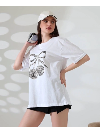 Leopar desenli kiraz baskılı tişört