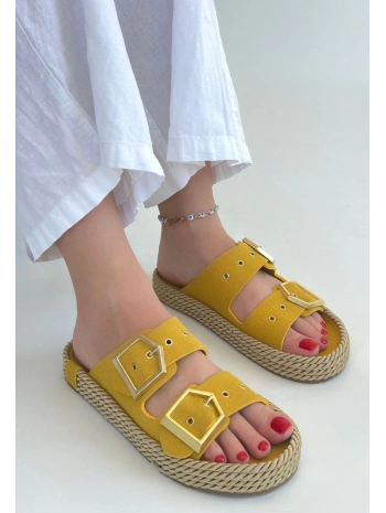 Loera Sarı Nubuk Çift Tokalı Terlik