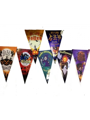 Lüks Baskılı Üçgen Model Halloween Banner Süs Bayrak 8 Li