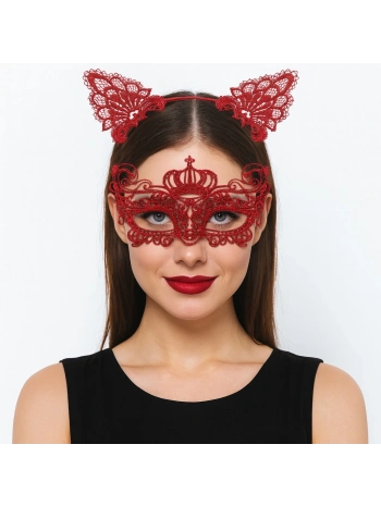 Lüks Kırmızı Dantel Taçlı Maske Seti 2 No - Parti, Balo, Kostüm Aksesuarı