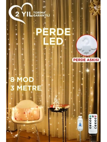 Lw-7 300 Ledli 10 Sarkıt Perde Led Işık, 8 Modlu Uzaktan Kumandalı, 3x3 Metre Peri Telli Led
