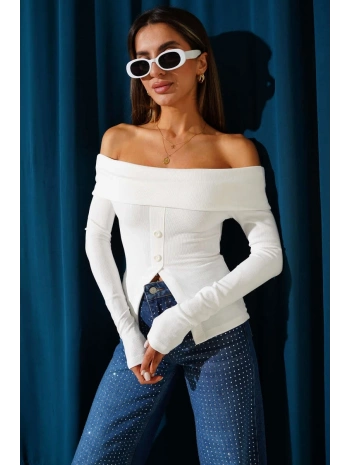 Madonna Yaka Düğmeli Bluz Beyaz t4329