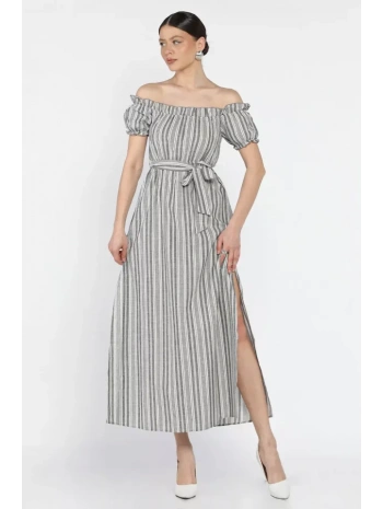 Madonna yaka midi yırtmaçlı kuşaklı keten elbise