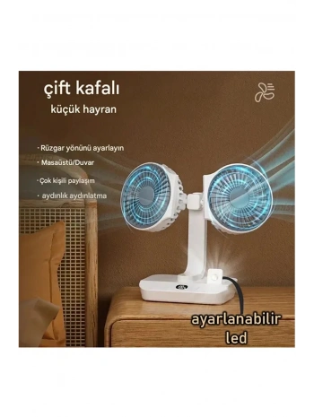 Masaüstü Dijital Ekranlı Çift Fanlı Led Işıklı Soğutucu Fan Ev Ofis Şarjlı Vantilatör