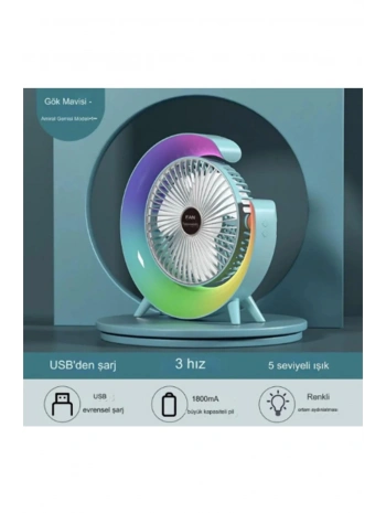 Masaüstü Vantilatör Usb Şarjlı Rgb Led Işıklı 3 Kademeli 180° Ayarlanabilir Soğutucu Fan Mavi