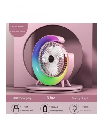 Masaüstü Vantilatör Usb Şarjlı Rgb Led Işıklı 3 Kademeli 180° Ayarlanabilir Soğutucu Fan Pembe