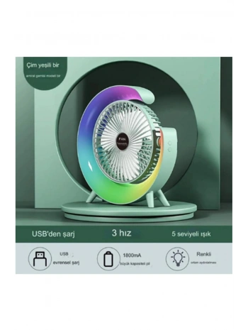 Masaüstü Vantilatör Usb Şarjlı Rgb Led Işıklı 3 Kademeli 180° Ayarlanabilir Soğutucu Fan Yeşil
